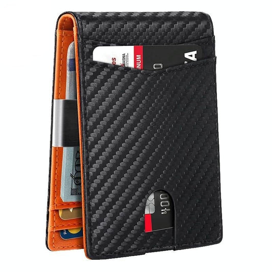 Rfid - protected Leather Credit Card Wallet - Secure & Stylish - Carbon Fiber Black Orange Inside - The Cool Collective AU