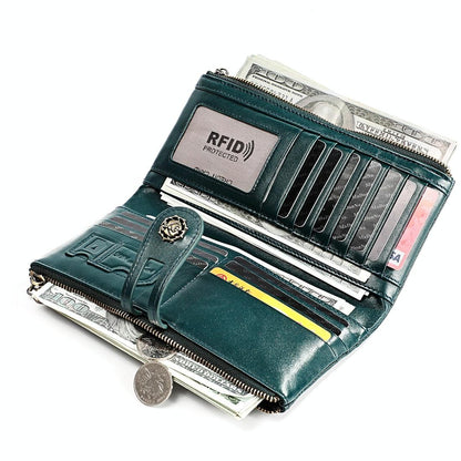 Vintage Rfid Leather Wallet with Card Slots for Women - Green - The Cool Collective AU