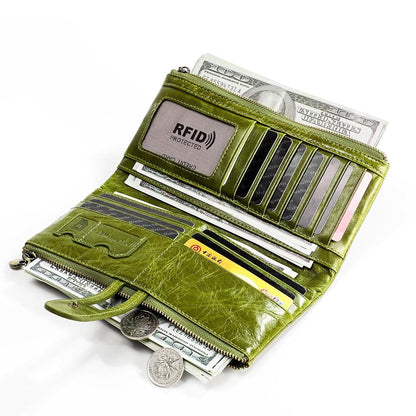 Vintage Rfid Leather Wallet with Card Slots for Women - Green - The Cool Collective AU