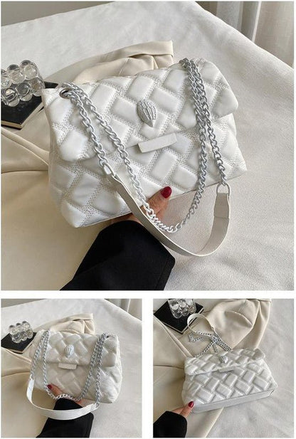 White Chic Quilted Crossbody Bag for Women - PU Leather Diamond Pattern Chain Strap Shoulder Purse with Elegant Clasp - The Cool Collective AU
