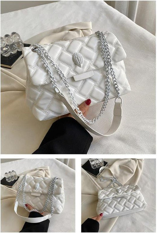 White Chic Quilted Crossbody Bag for Women - PU Leather Diamond Pattern Chain Strap Shoulder Purse with Elegant Clasp - The Cool Collective AU