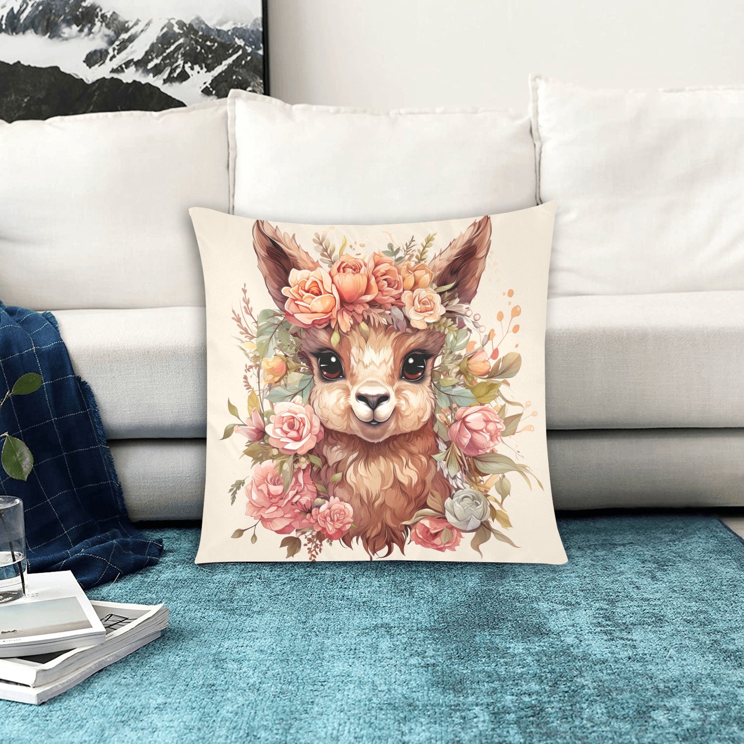 Llama Dreams Botanical Bliss: Artfully Illustrated with Enchanting Floral Halo - Zippered Pillow Case 20"x20" - The Cool Collective AU