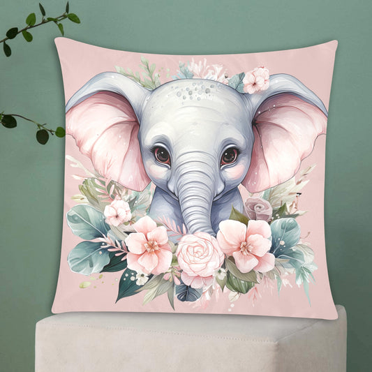Elephant Elegance: Enchanting Floral Haven with Adorable Elephant Illustration - Zippered Pillow Case 20"x20" - The Cool Collective AU