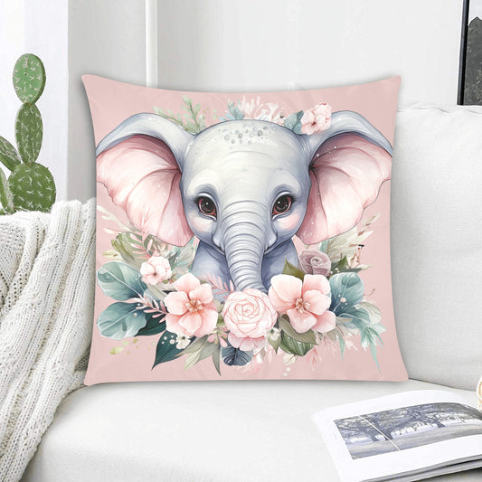 Elephant Elegance: Enchanting Floral Haven with Adorable Elephant Illustration - Zippered Pillow Case 20"x20" - The Cool Collective AU